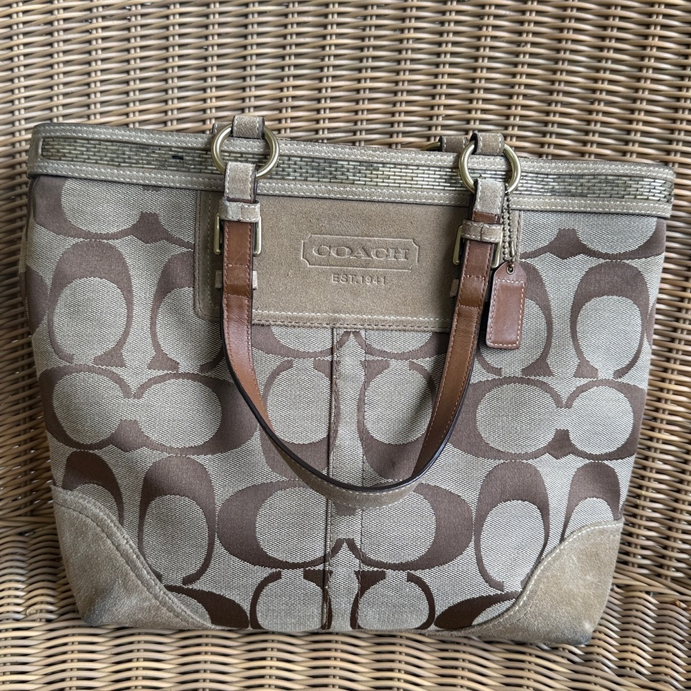Coach Brown and Tan Signature Canvas Tote - Picture 12 of 13